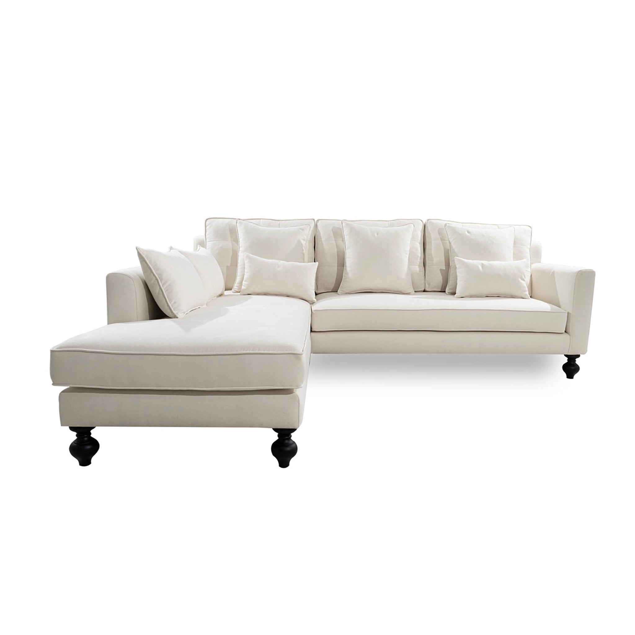 Beige sectional sofa with chaise on a white background