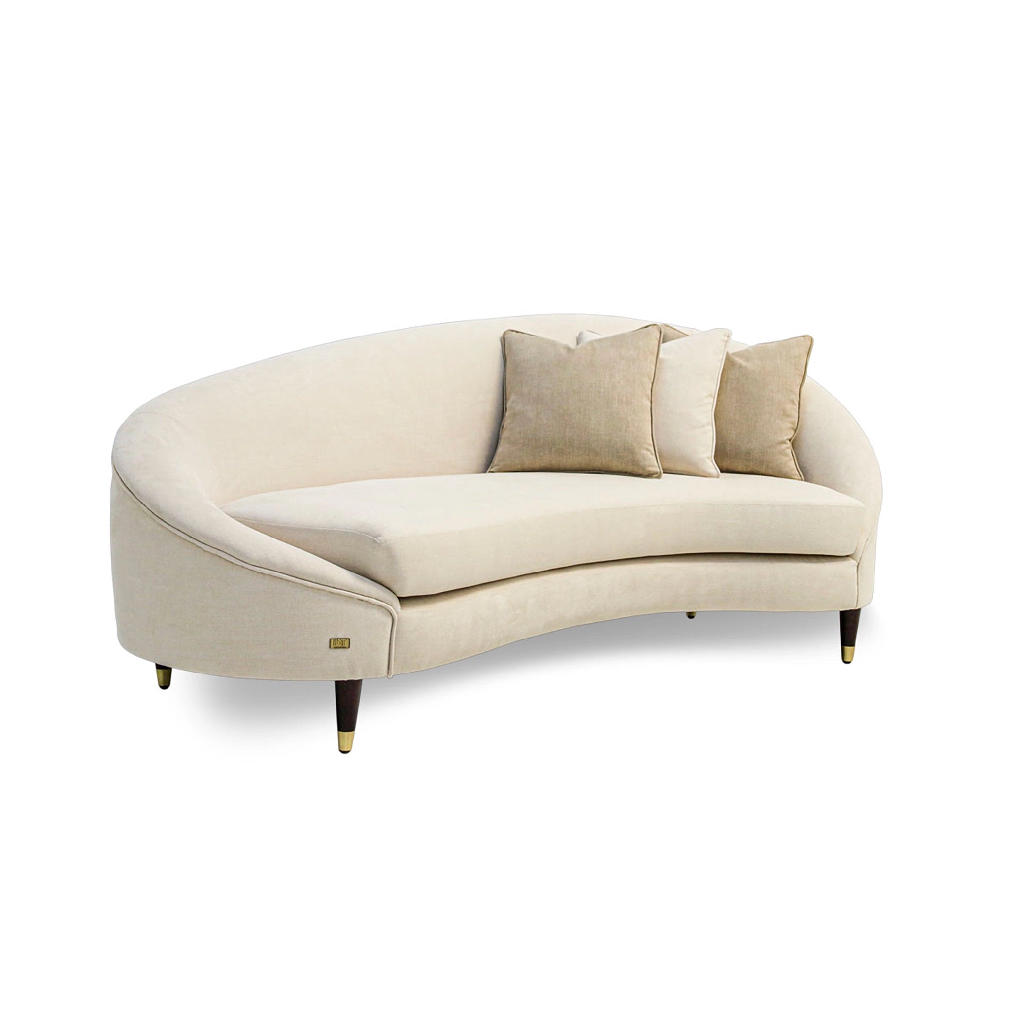 Beige curved sofa with cushions on a white background