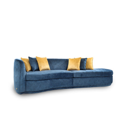 Blue sofa with yellow cushions on a white background