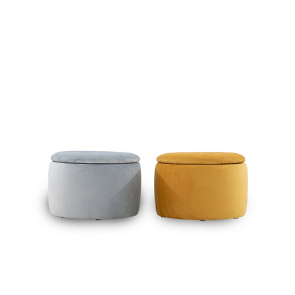 Two ottomans, one gray and one mustard yellow, on a white background