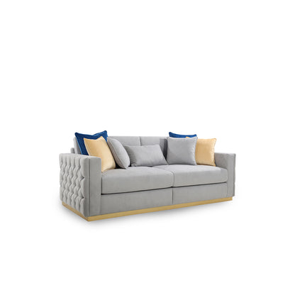 Gray sofa with colorful cushions on a white background
