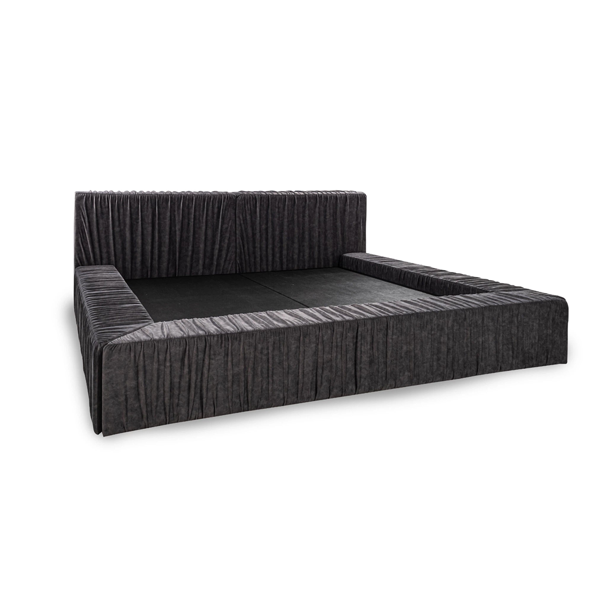 Modern black sofa with a textured design on a white background