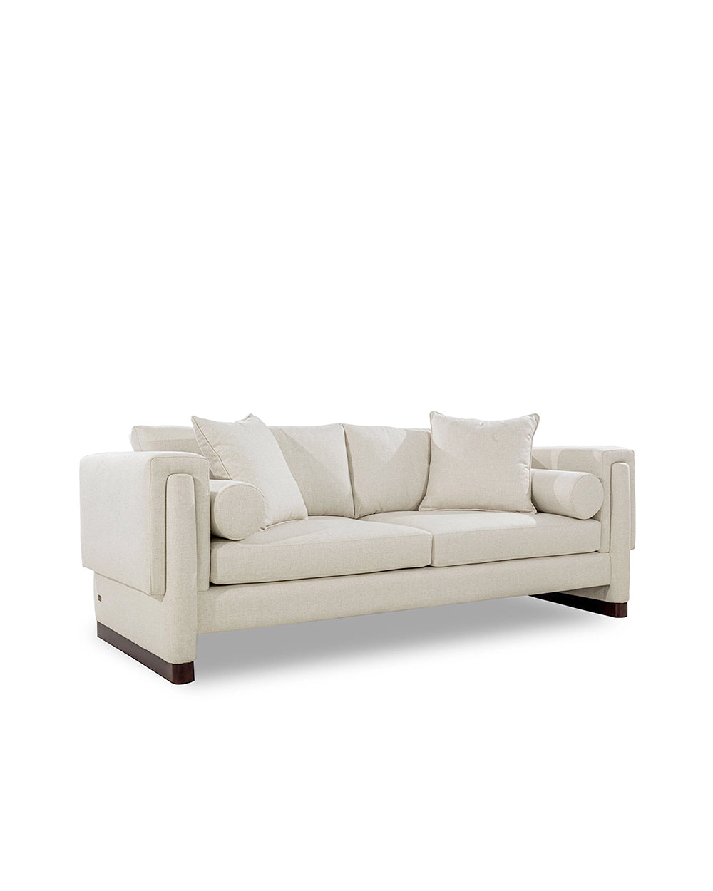 Beige sofa with cushions on a white background