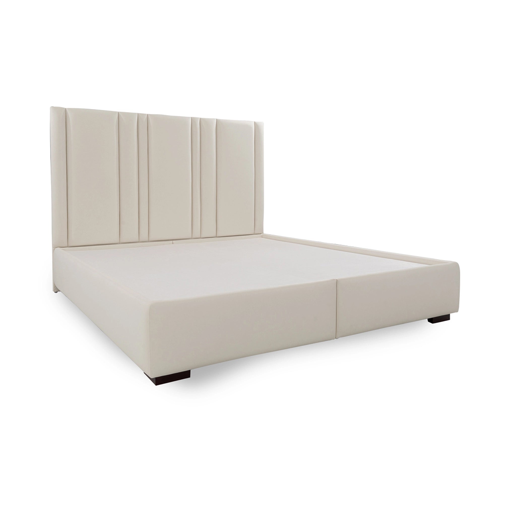 Beige upholstered bed with a headboard on a white background