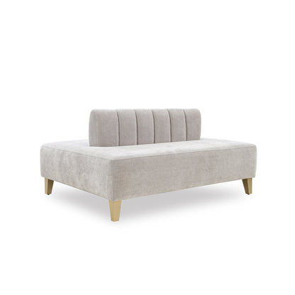 Gray upholstered bench with wooden legs on a white background