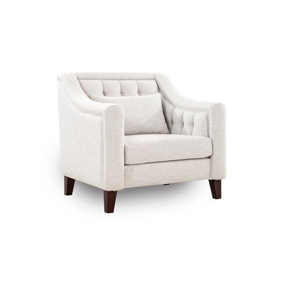 Beige armchair with wooden legs on a white background