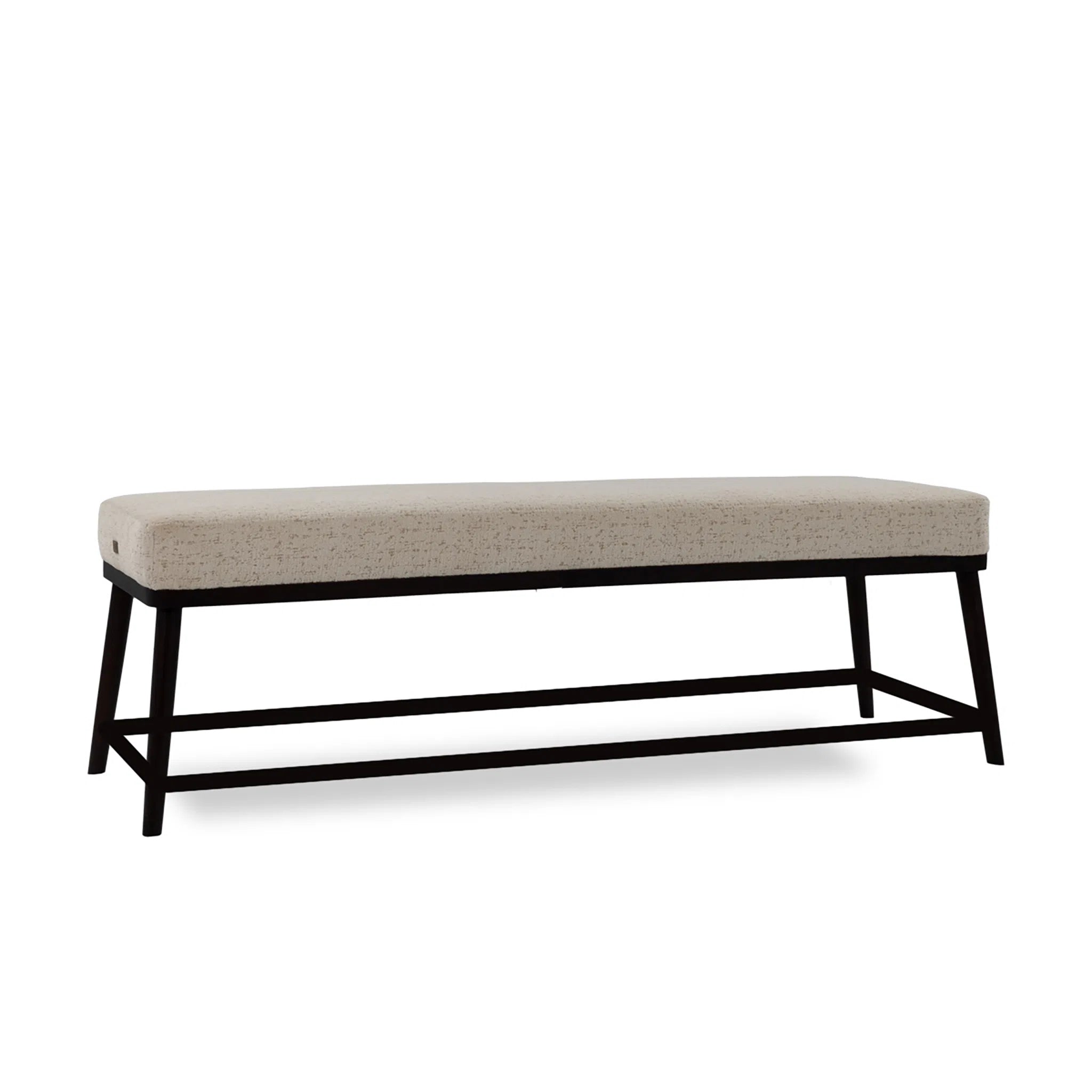 Beige upholstered bench with black metal frame on a white background