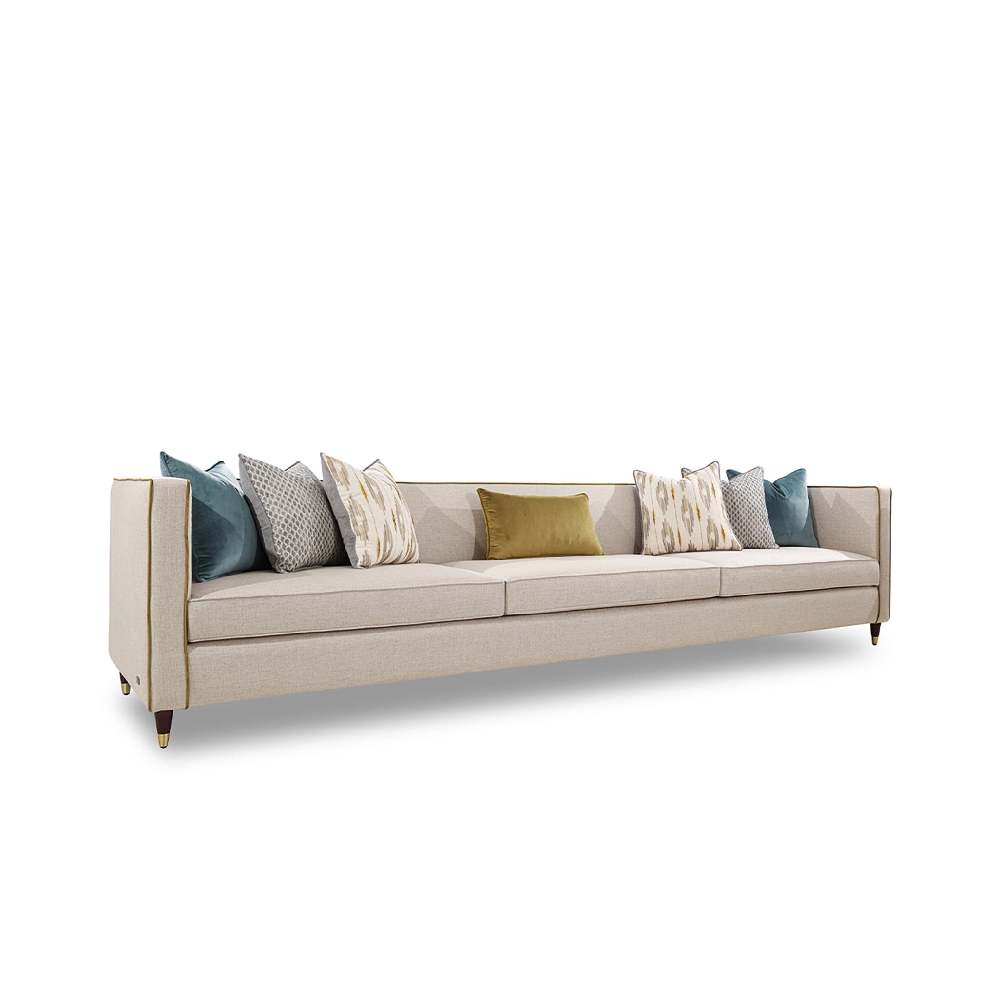Beige sofa with colorful cushions on a white background