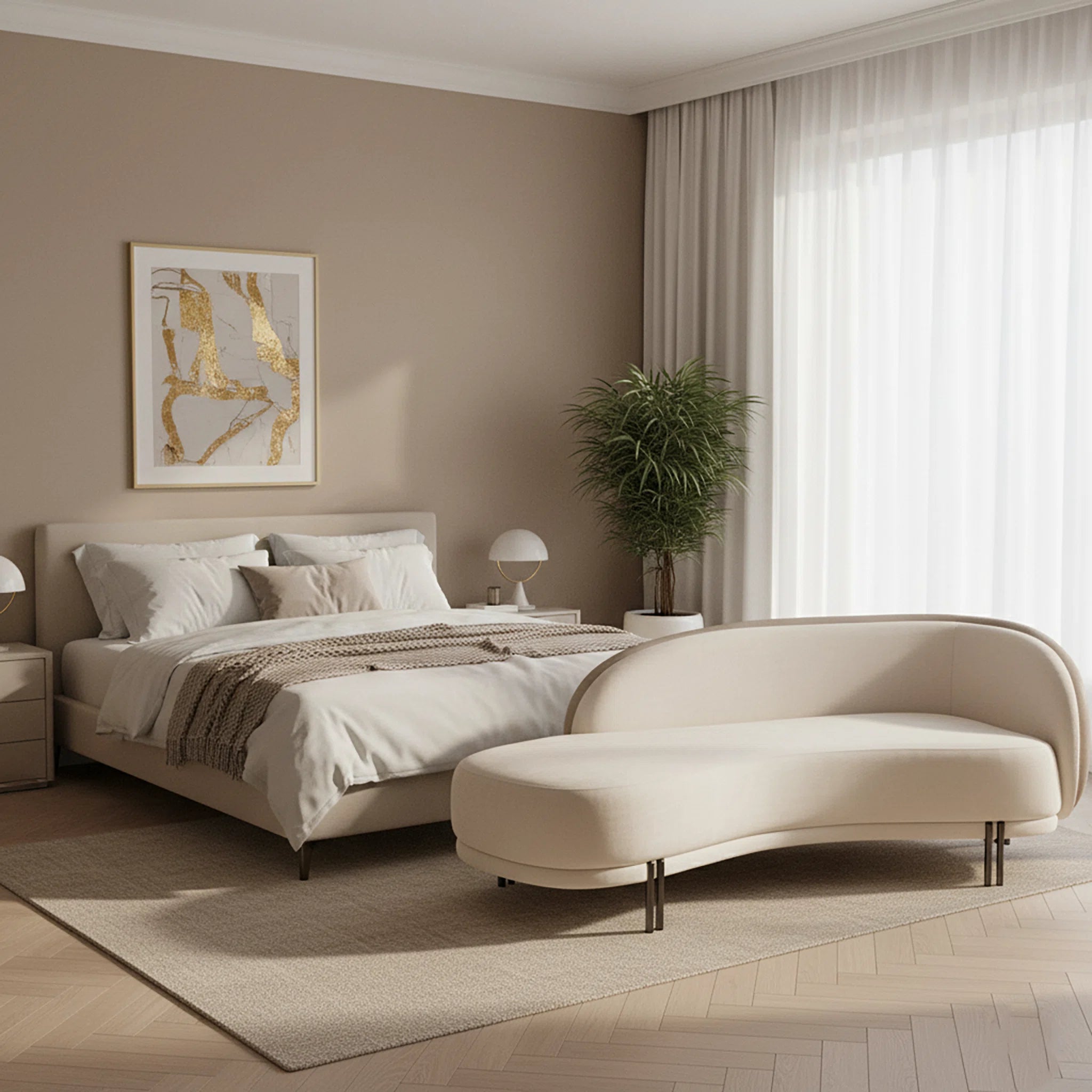 Modern bedroom with a bed, ottoman, and artwork on a beige wall.