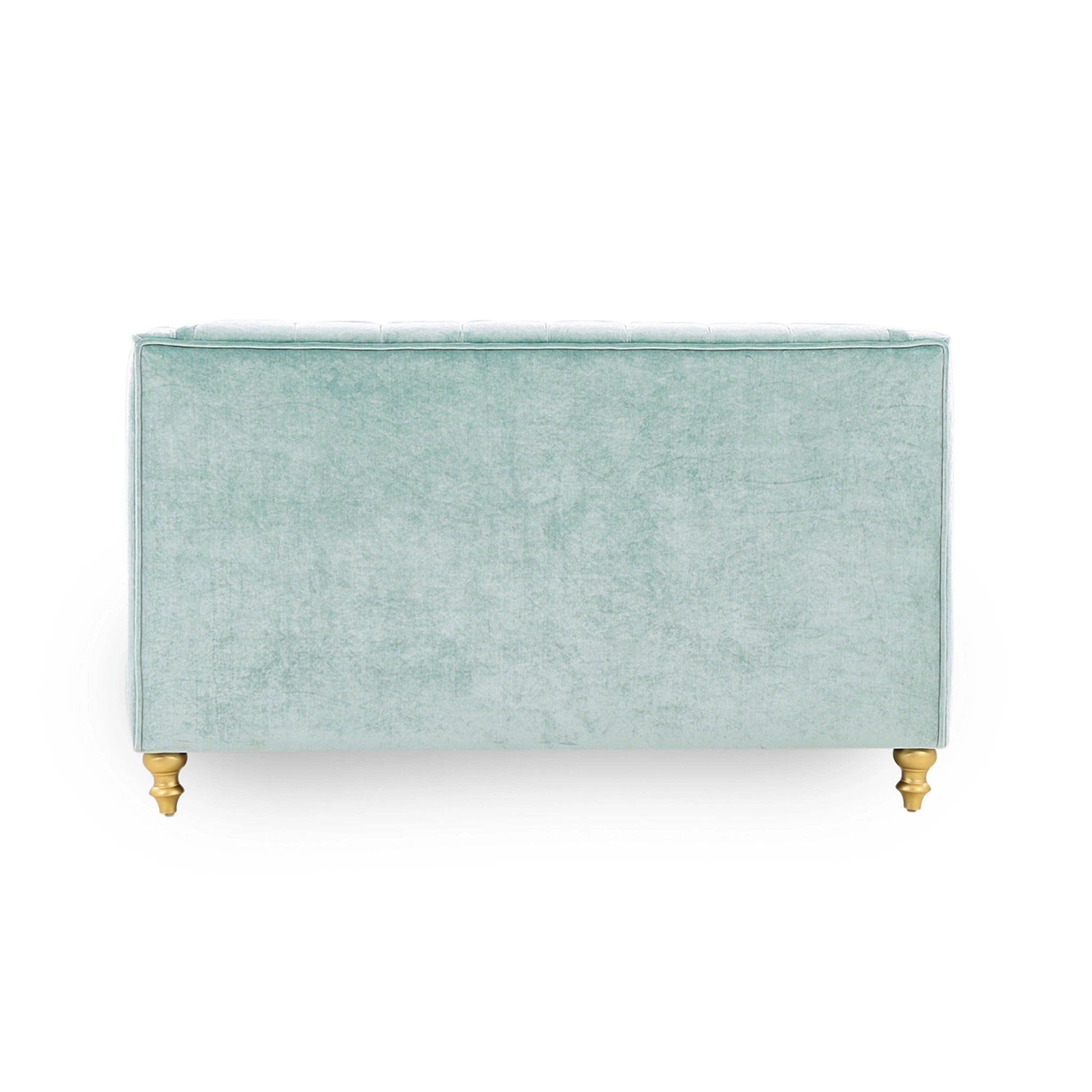 Light green rectangular ottoman with gold legs on a white background