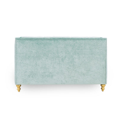 Light green rectangular ottoman with gold legs on a white background