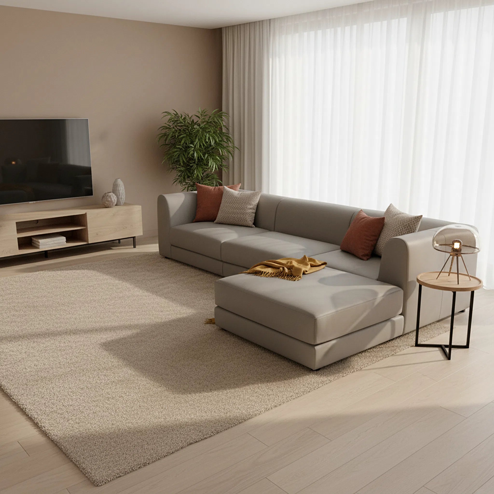 Modern living room with a gray sectional sofa, coffee table, and TV stand.