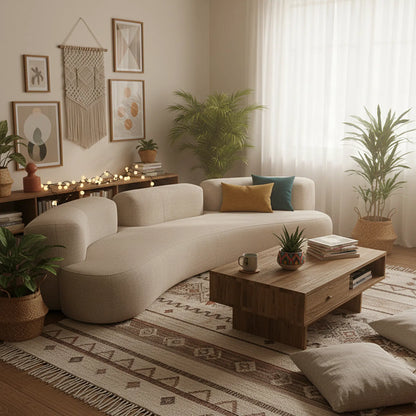 Cozy living room with a beige sofa, wooden coffee table, and decorative elements.