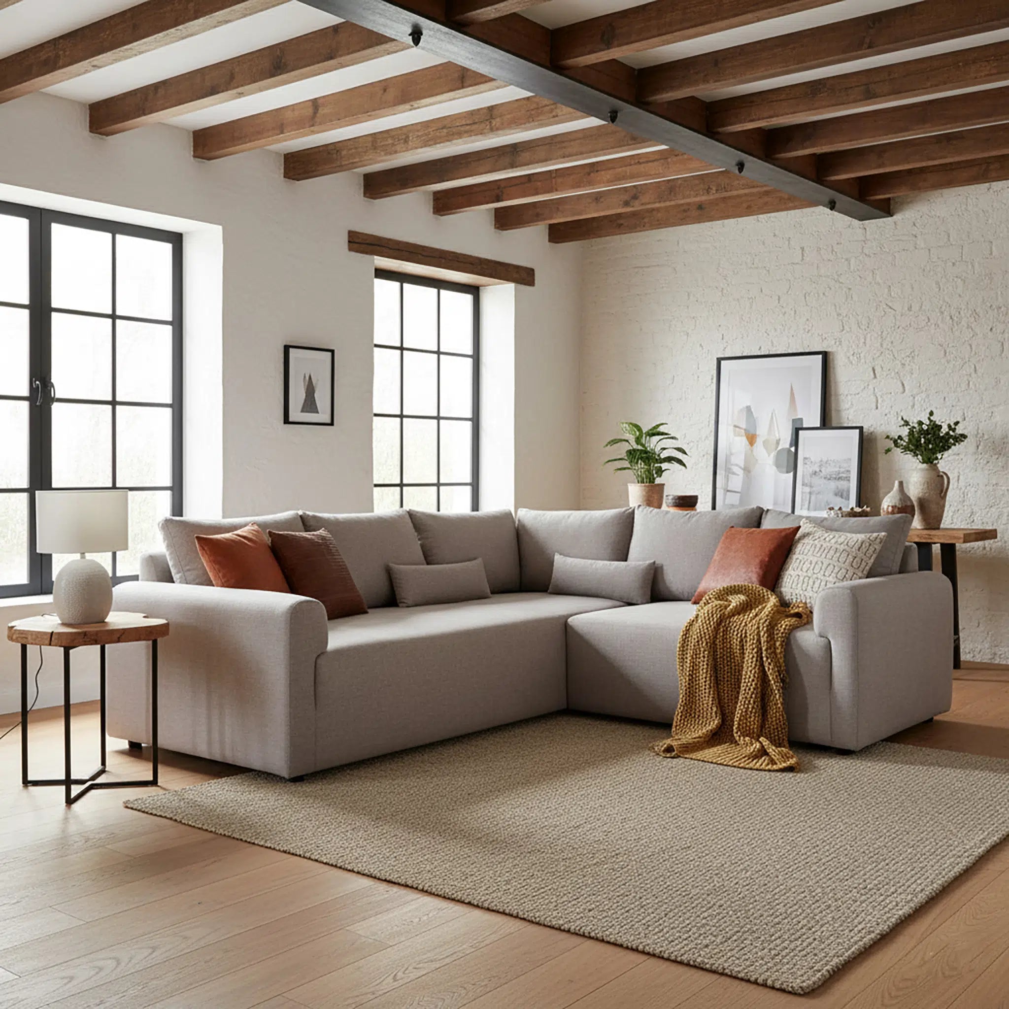 Modern living room with a gray sectional sofa, wooden beams, and large windows.