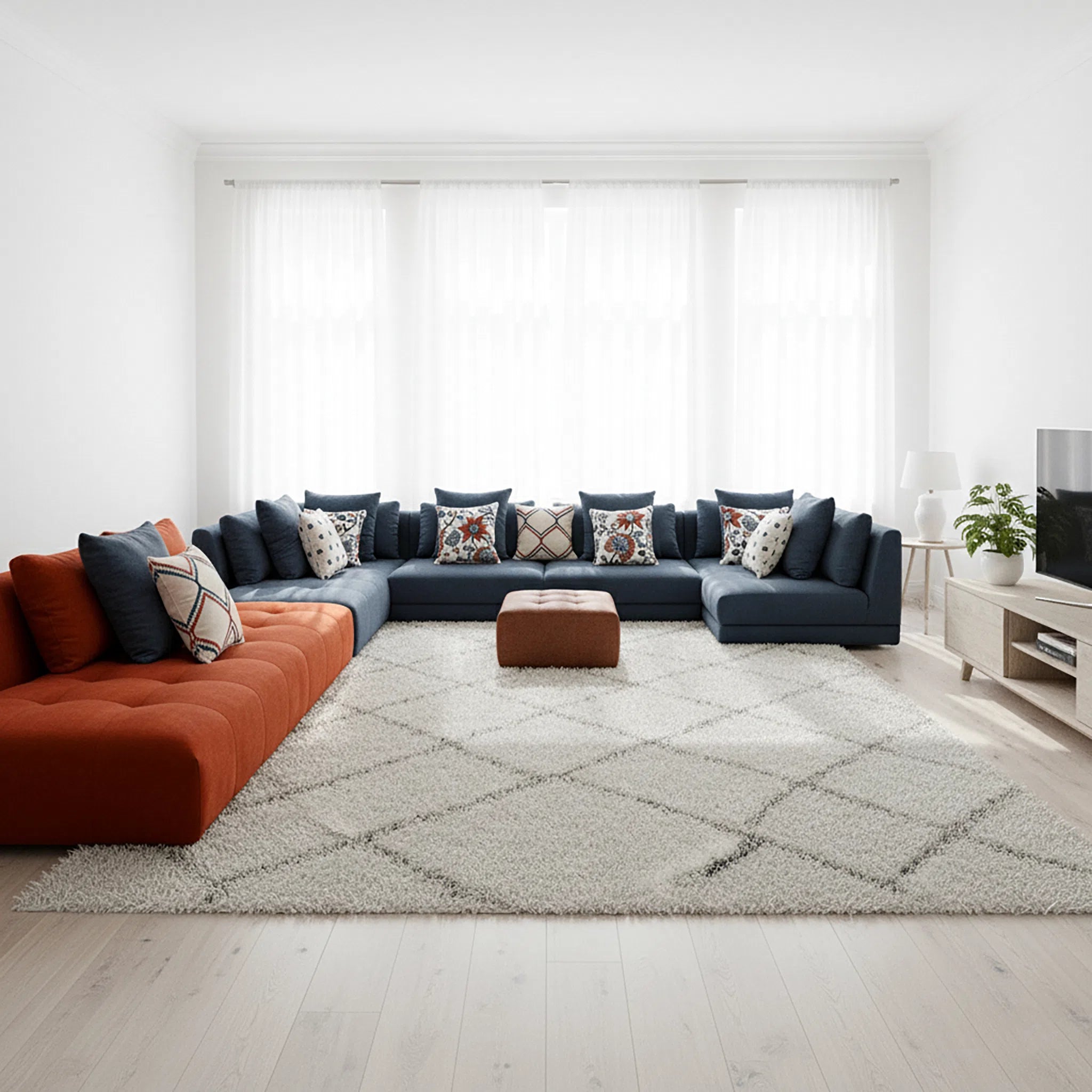 Modern living room with a sectional sofa, rug, and decorative pillows.