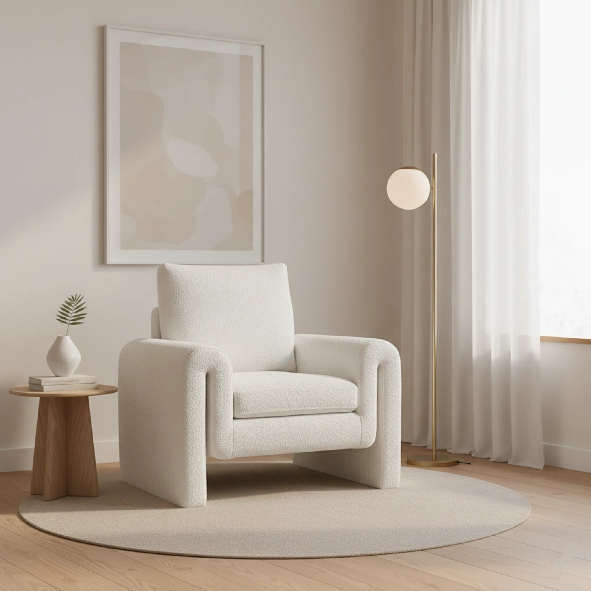 White armchair in a modern living room with a side table and lamp.