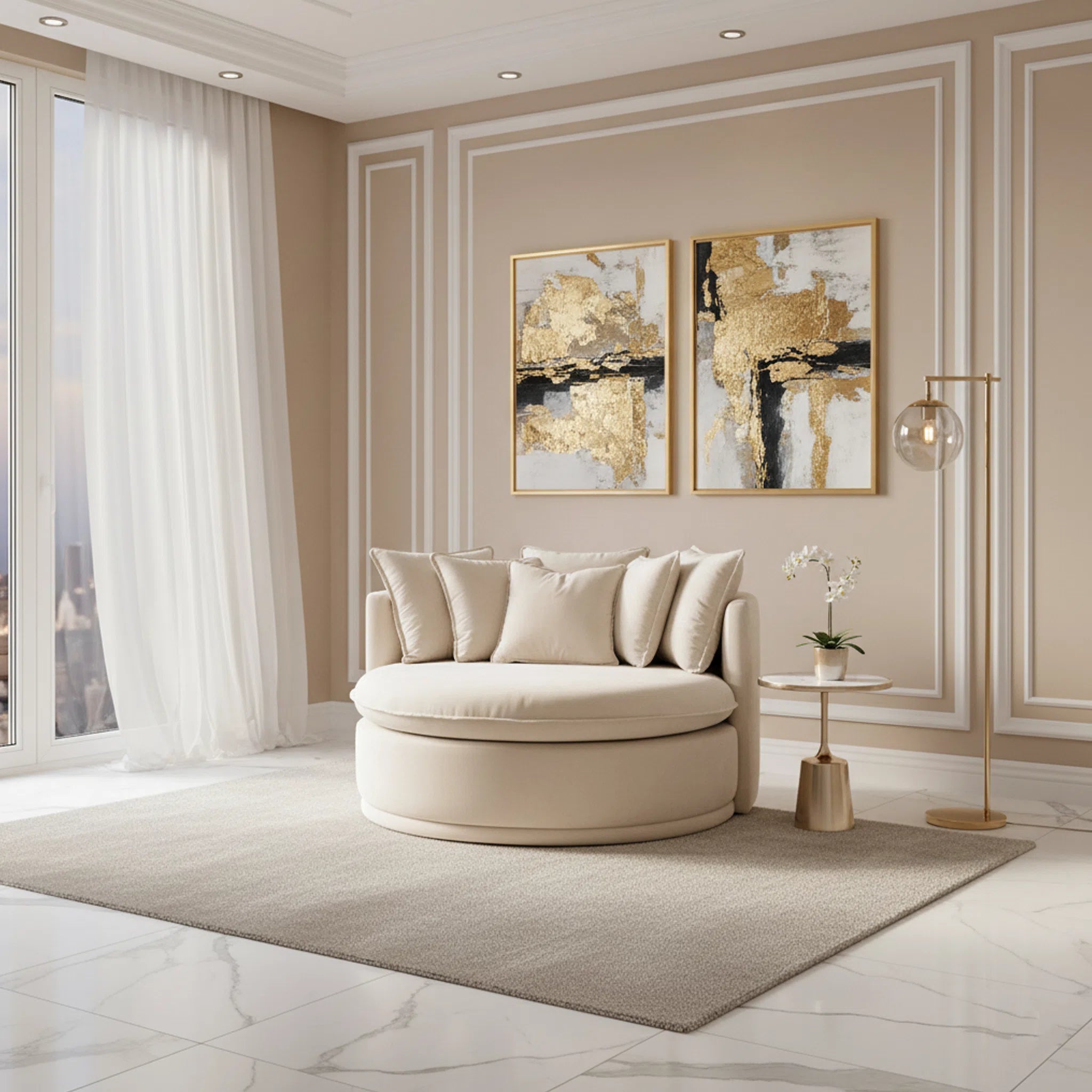 Modern living room with a round beige sofa, abstract art, and a small table with a plant.