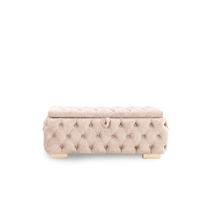 Beige tufted storage bench on a white background