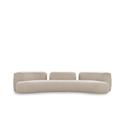 Beige sofa with a curved design on a white background