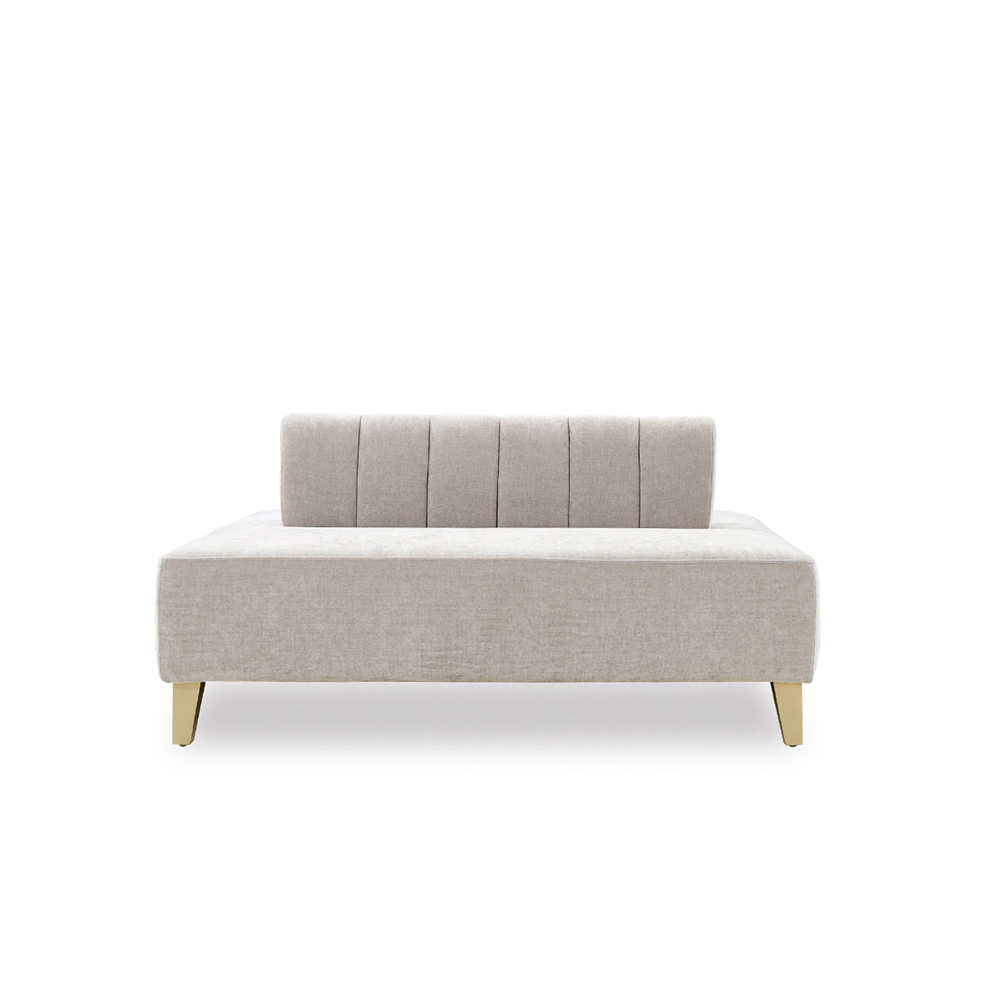 Beige upholstered bench with quilted backrest on a white background