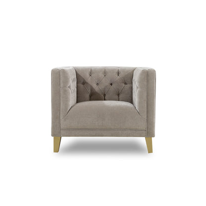 Gray armchair with tufted backrest on a white background