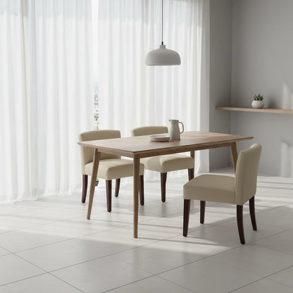 Dining room with wooden table and beige chairs in a bright room.