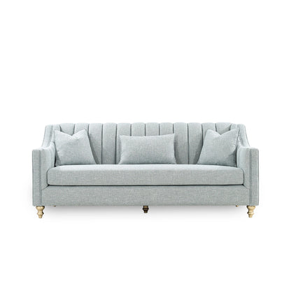 Light gray sofa with decorative pillows on a white background