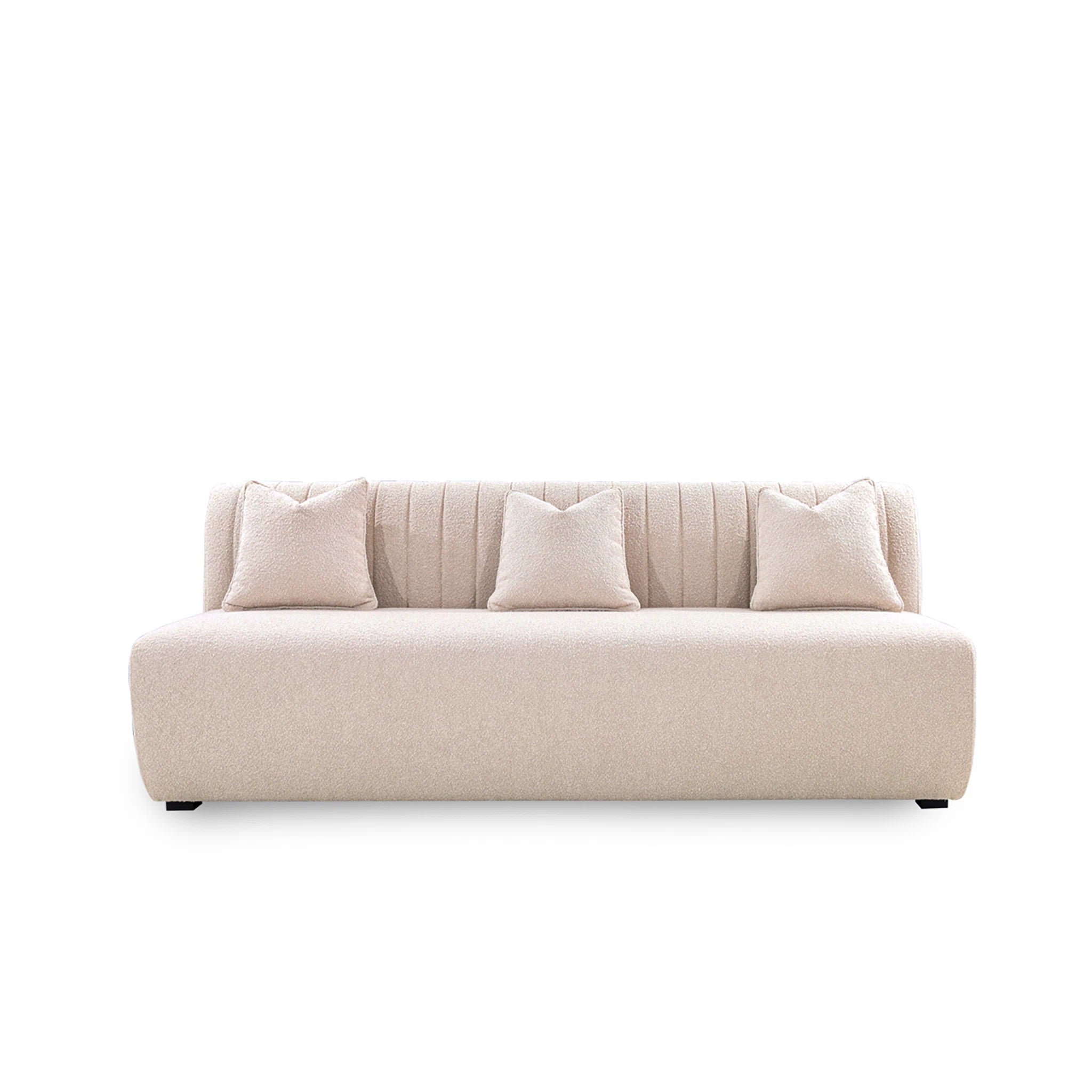 Beige sofa with white cushions on a white background