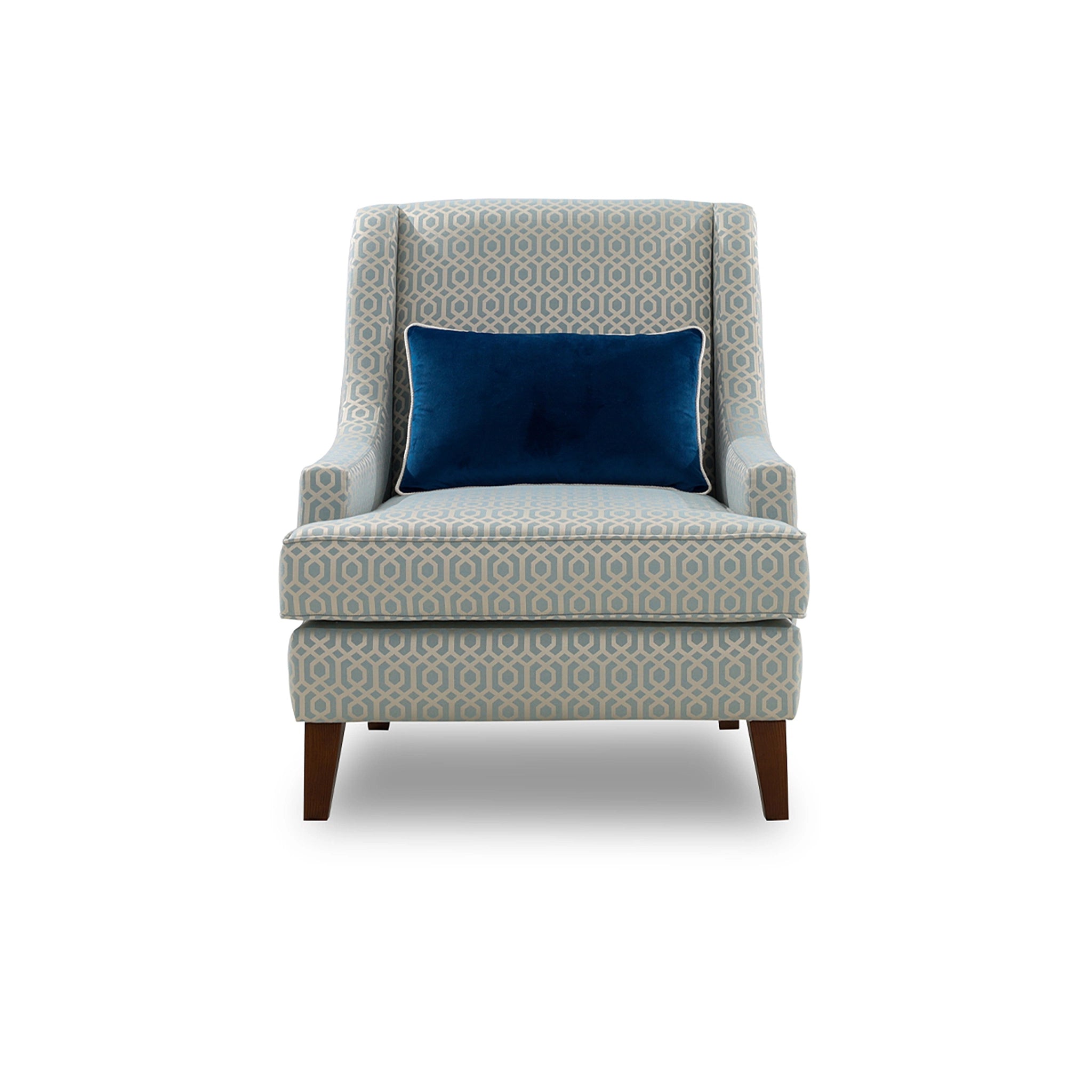 Gray patterned armchair with a blue pillow on a white background