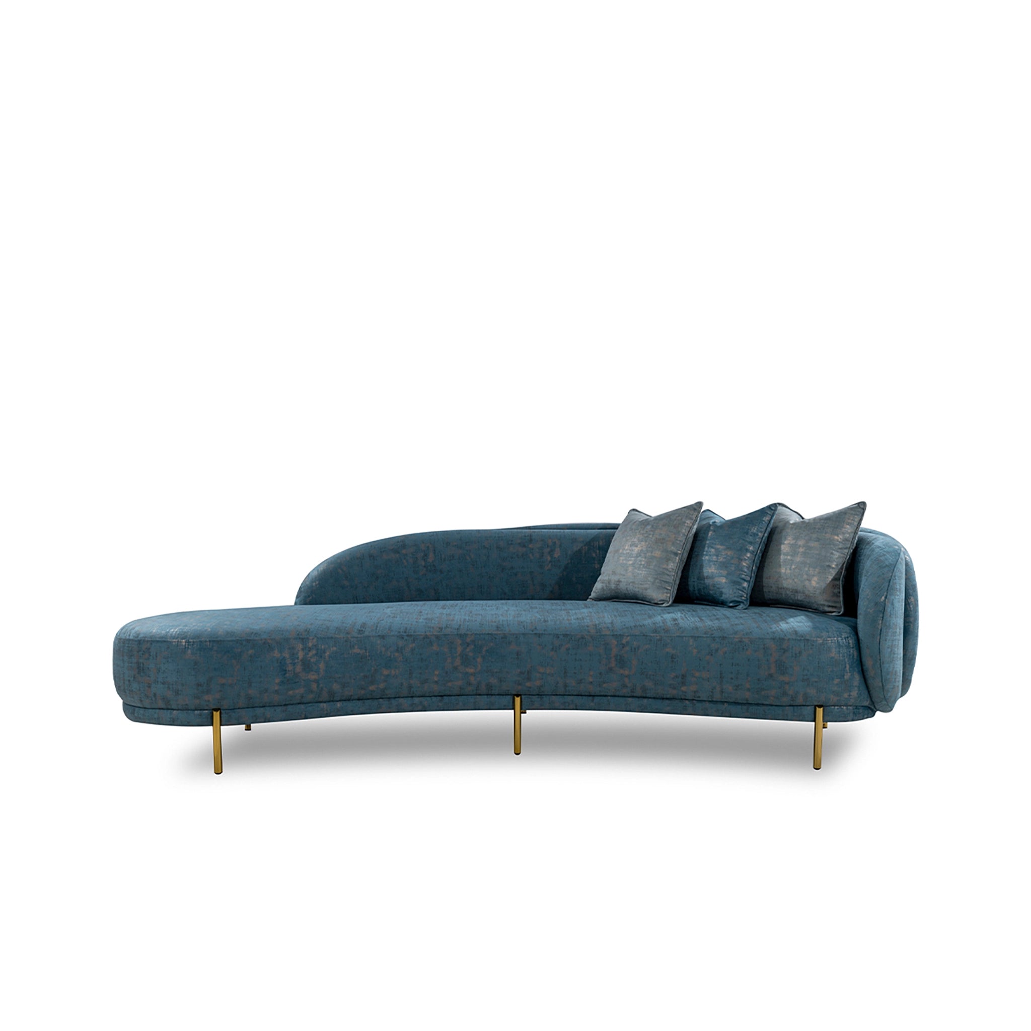 Blue sofa with gold legs on a white background