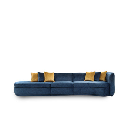 Blue sofa with yellow cushions on a white background