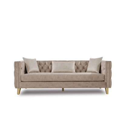 Beige sofa with tufted backrest and three pillows on a white background