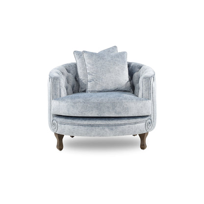 Gray velvet armchair with two cushions on a white background