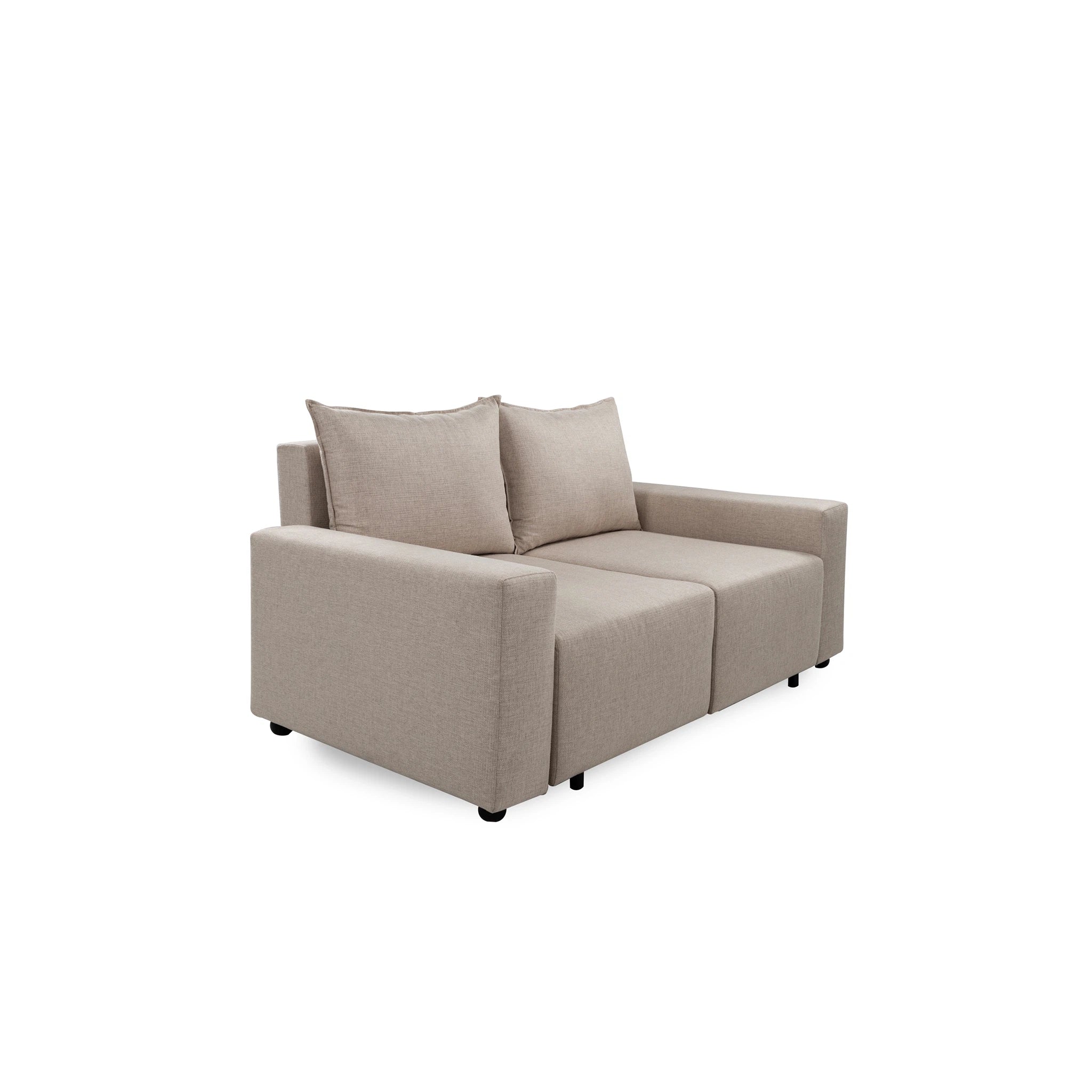 Beige sectional sofa with two cushions on a white background