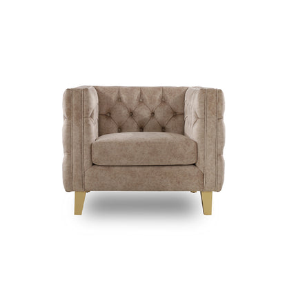 Beige armchair with tufted backrest on a white background