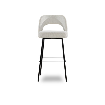 Bar stool with a white seat and black metal legs on a white background