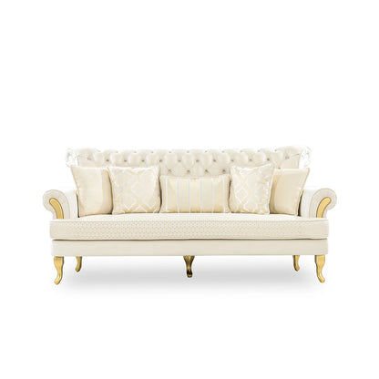 Beige sofa with decorative pillows on a white background
