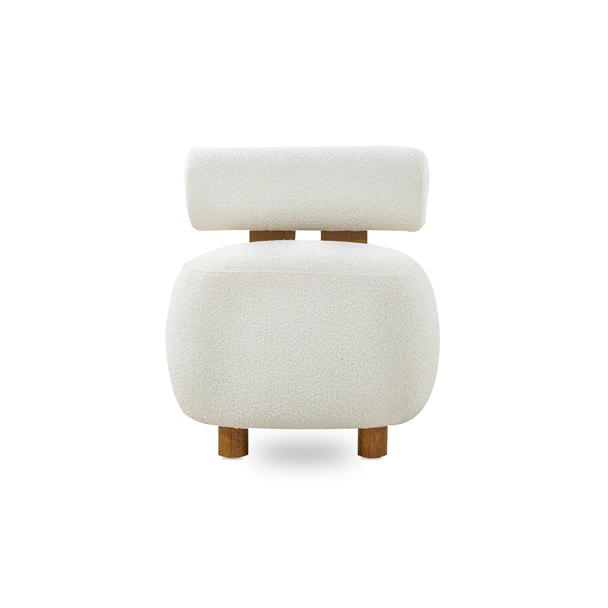 White upholstered stool with wooden legs on a white background