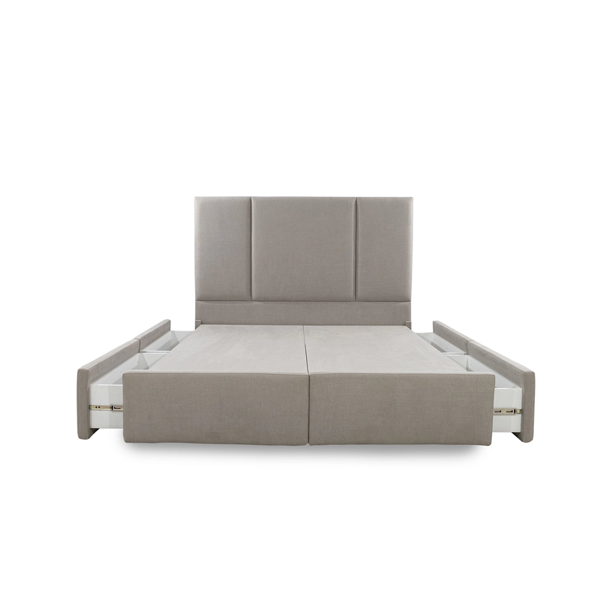Gray upholstered bed with storage drawers on a white background