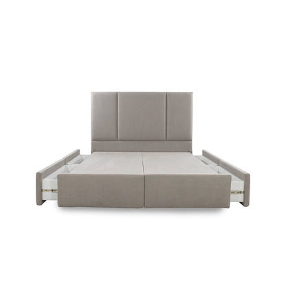 Gray upholstered bed with storage drawers on a white background