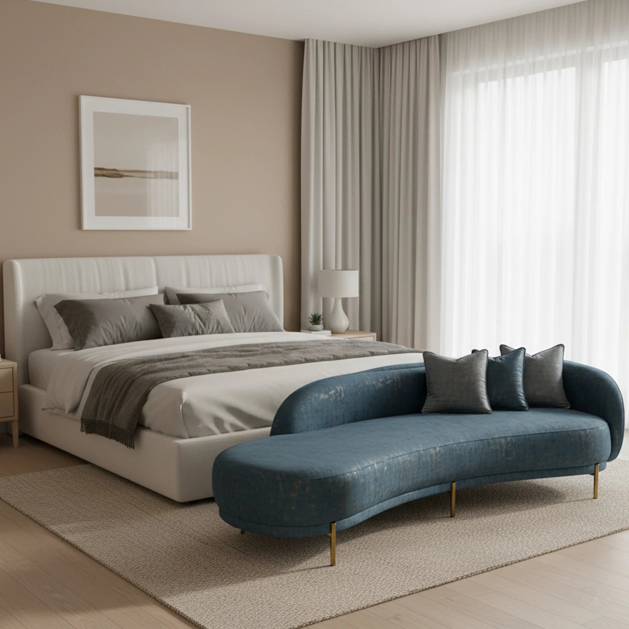 Modern bedroom with a bed and blue sofa.