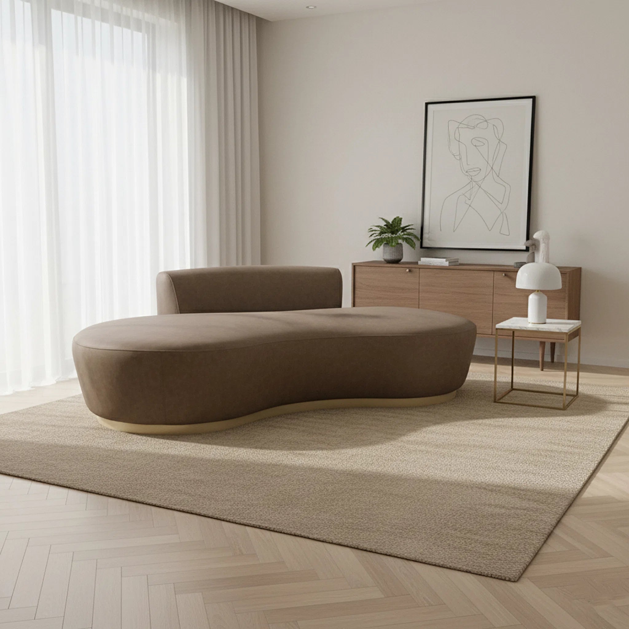 Modern living room with a brown abstract sofa, wooden side table, and framed artwork.