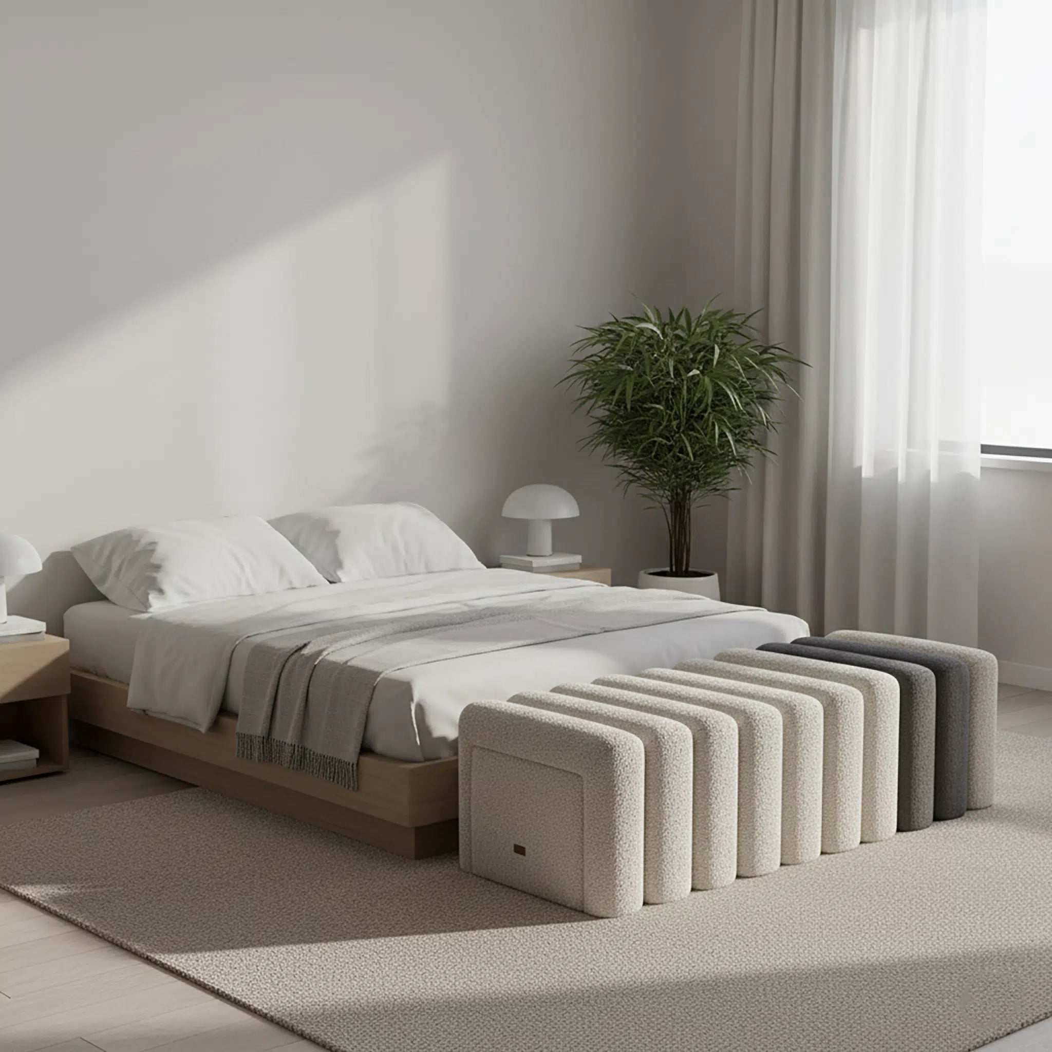 Modern bedroom with a bed and ottomans in a neutral color scheme.
