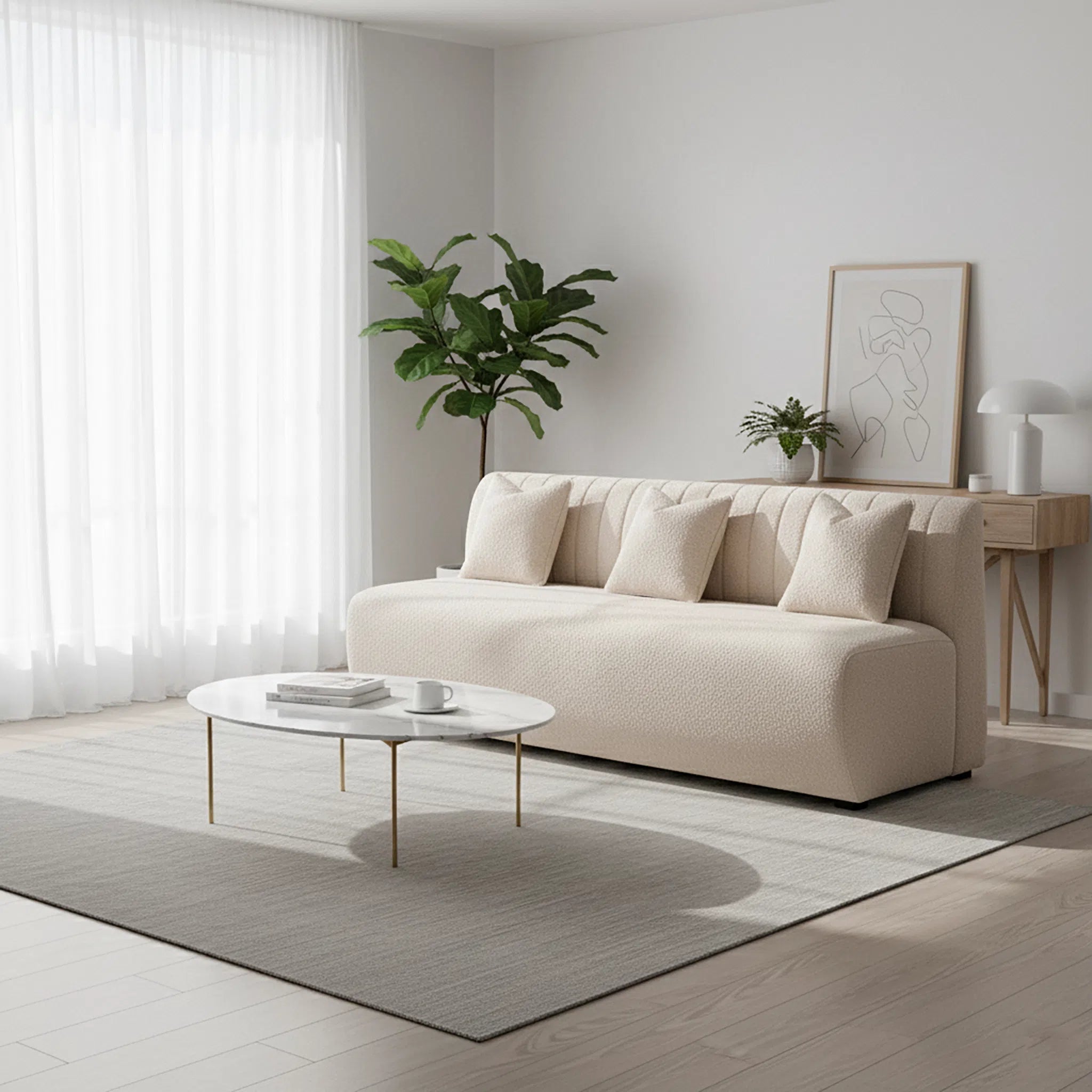 Modern living room with a beige sofa, coffee table, and decorative elements.