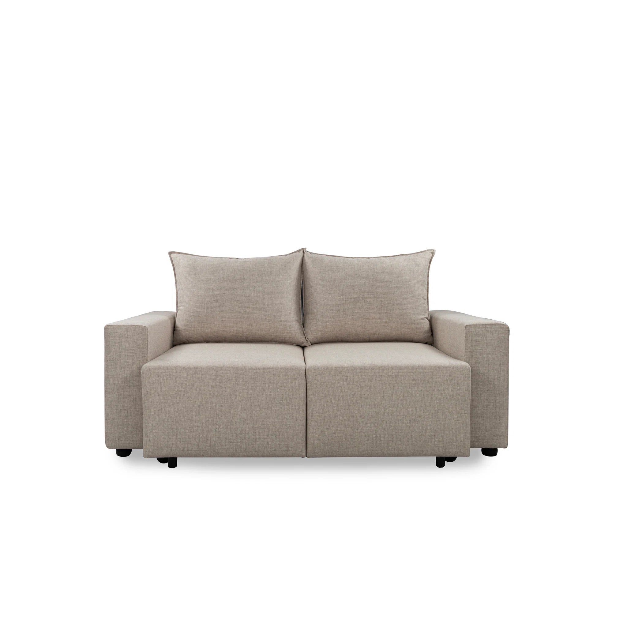 Beige sofa with two cushions on a white background