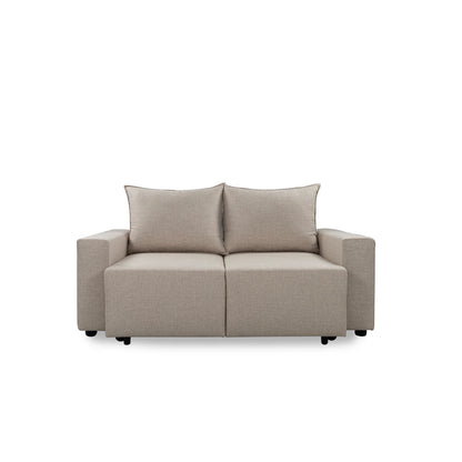 Beige sofa with two cushions on a white background