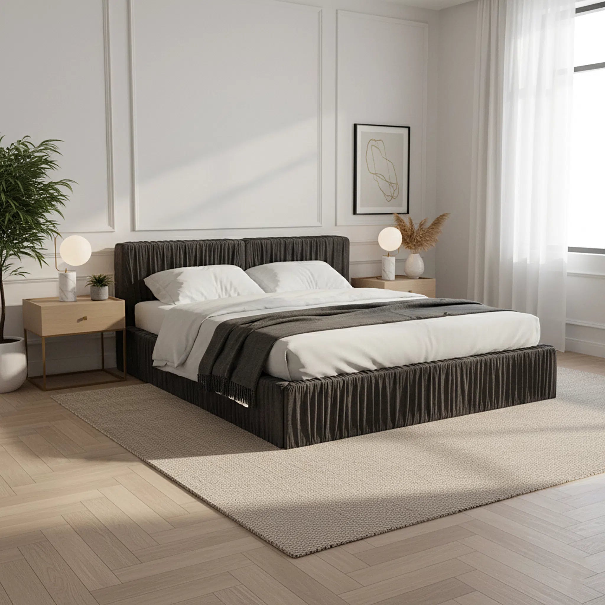 Modern bedroom with a bed, nightstands, and decor elements.