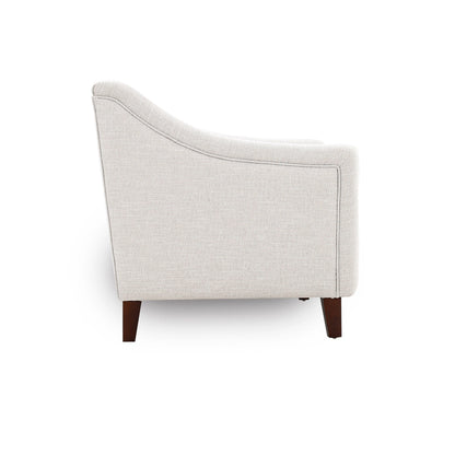Light gray upholstered chair with wooden legs on a white background