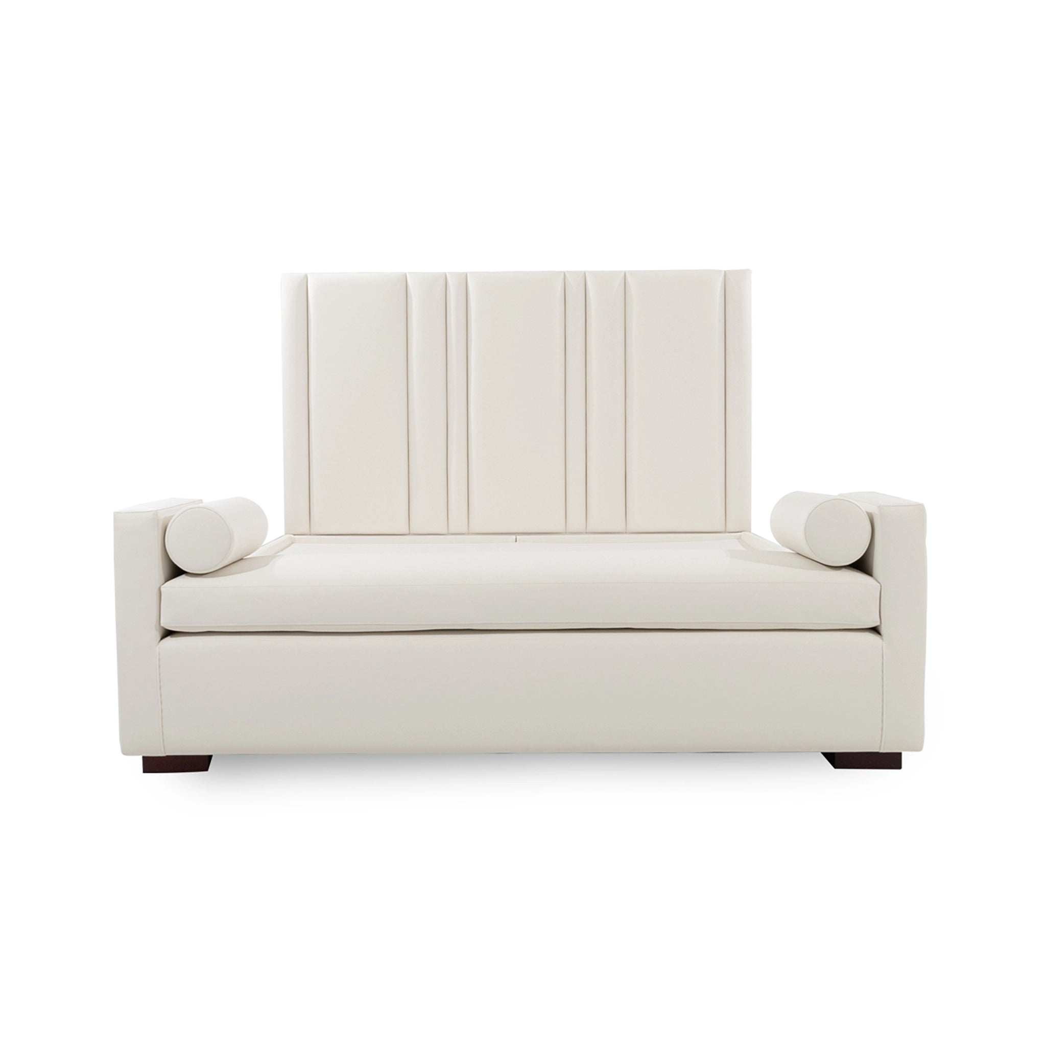White upholstered bed with a headboard on a white background