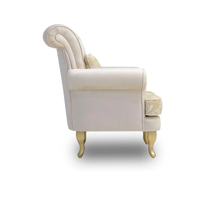 White armchair with gold accents on a white background